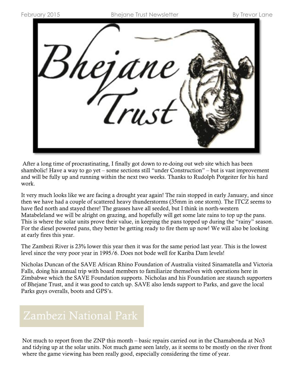 February 2015 Bhejane Trust Newsletter by Trevor Lane