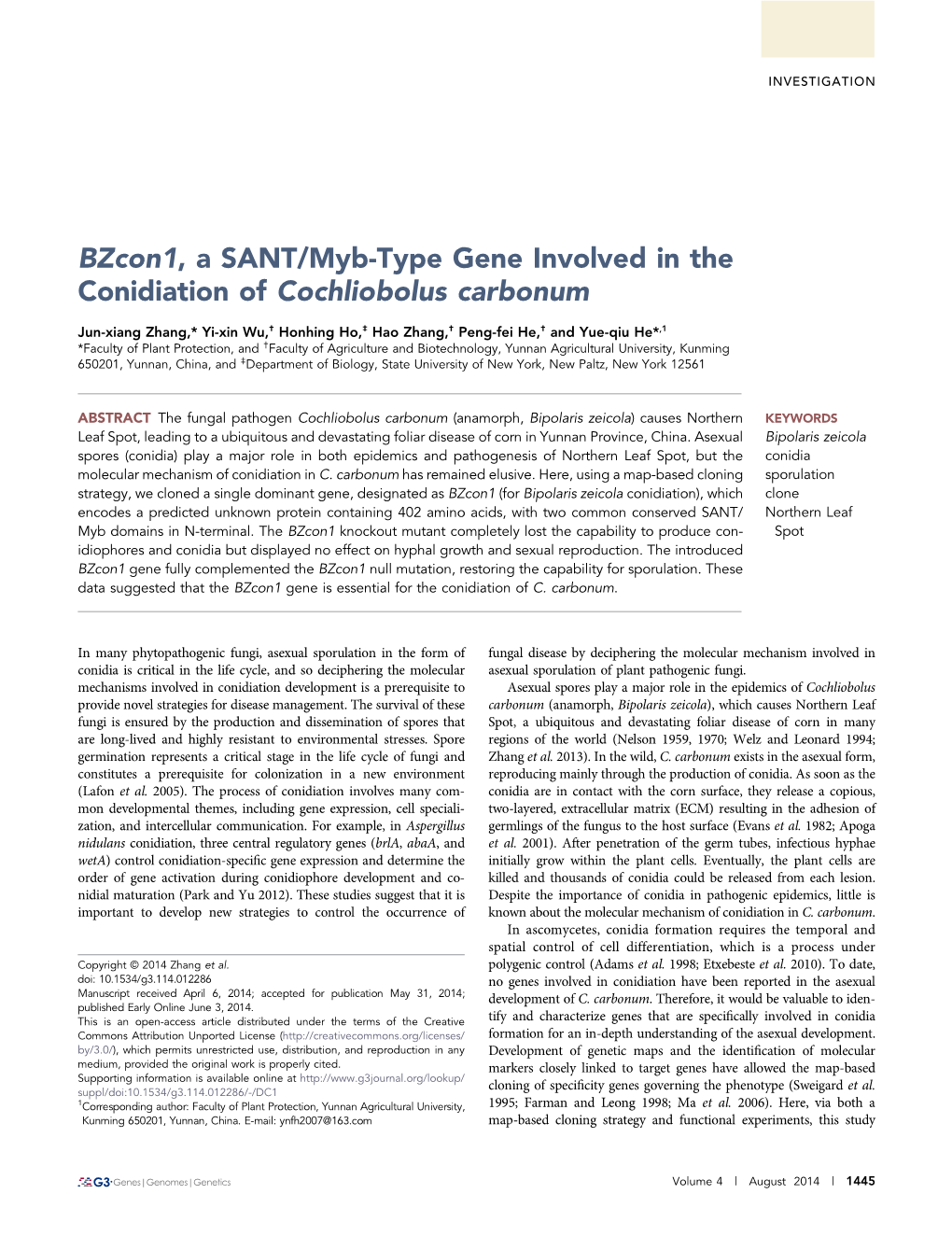 Bzcon1, a SANT/Myb-Type Gene Involved in the Conidiation of Cochliobolus Carbonum