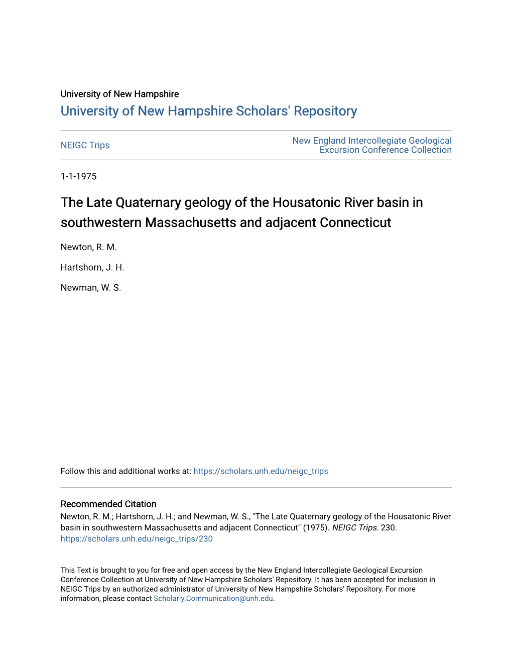 The Late Quaternary Geology of the Housatonic River Basin in Southwestern Massachusetts and Adjacent Connecticut