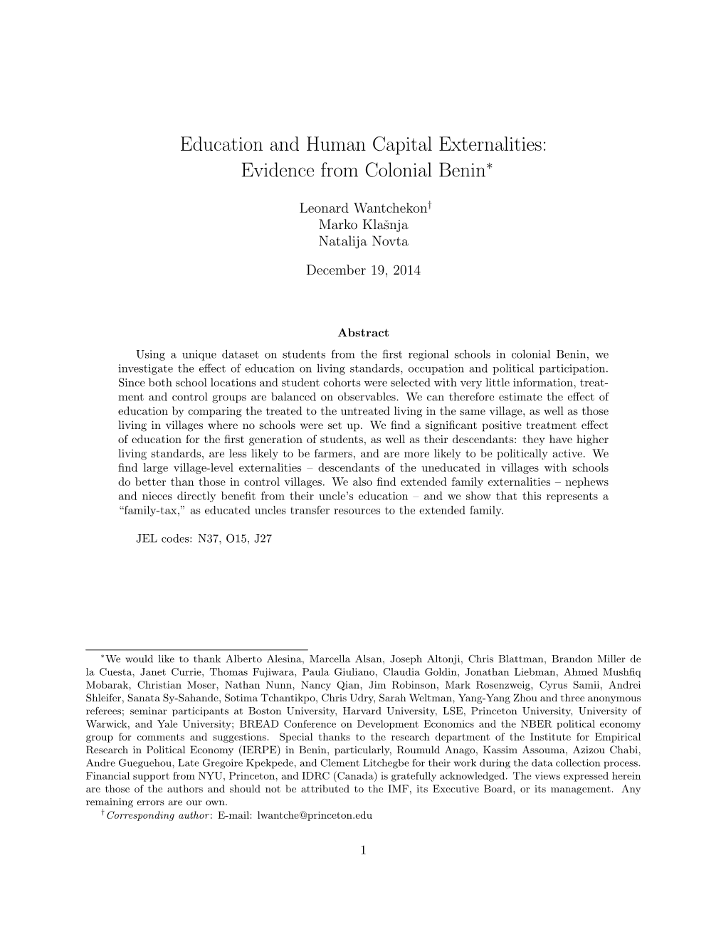 Education and Human Capital Externalities: Evidence from Colonial Benin∗
