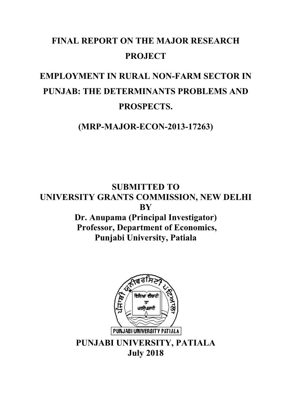 Employment in Rural Non-Farm Sector in Punjab: the Determinants Problems and Prospects