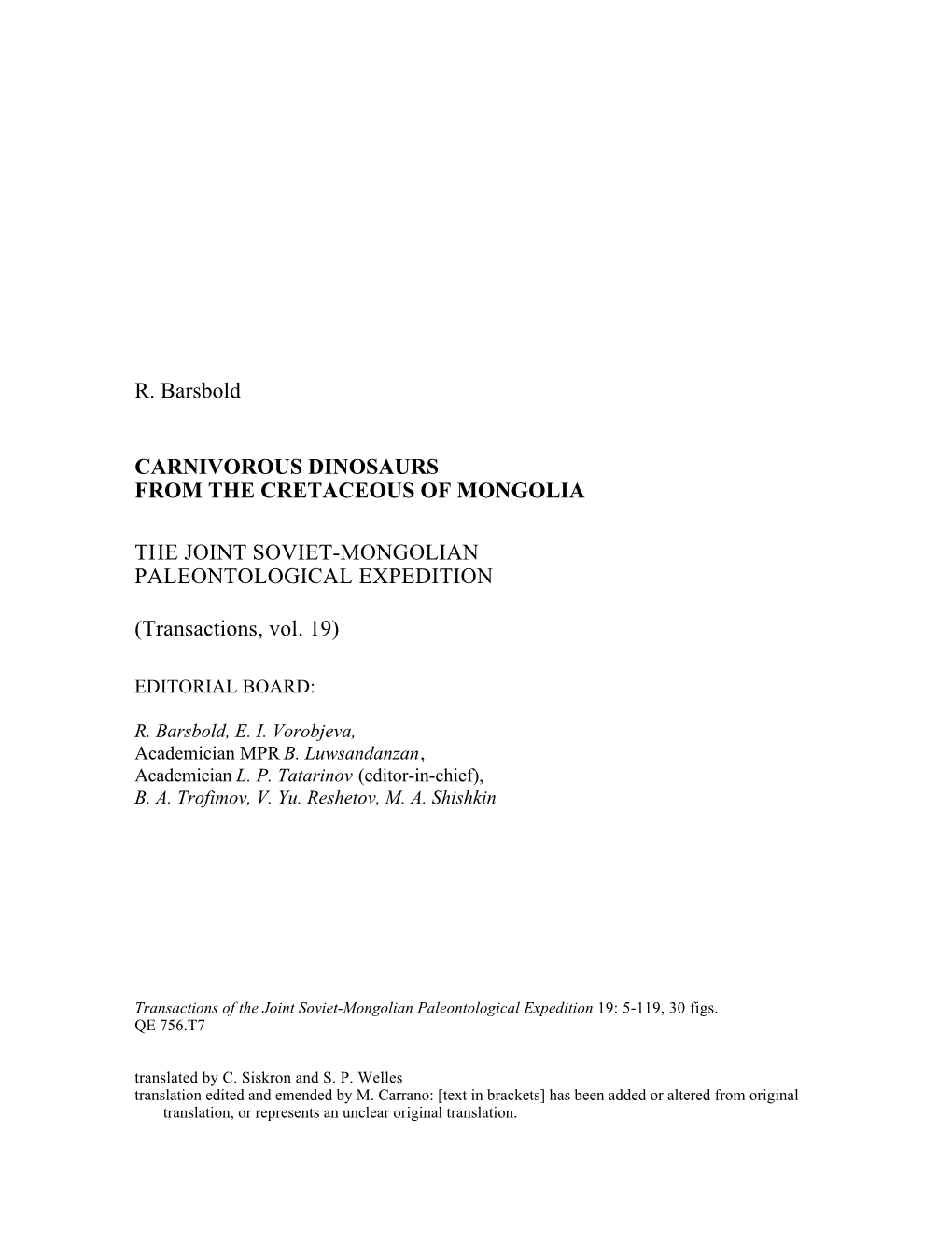 R. Barsbold CARNIVOROUS DINOSAURS from THE