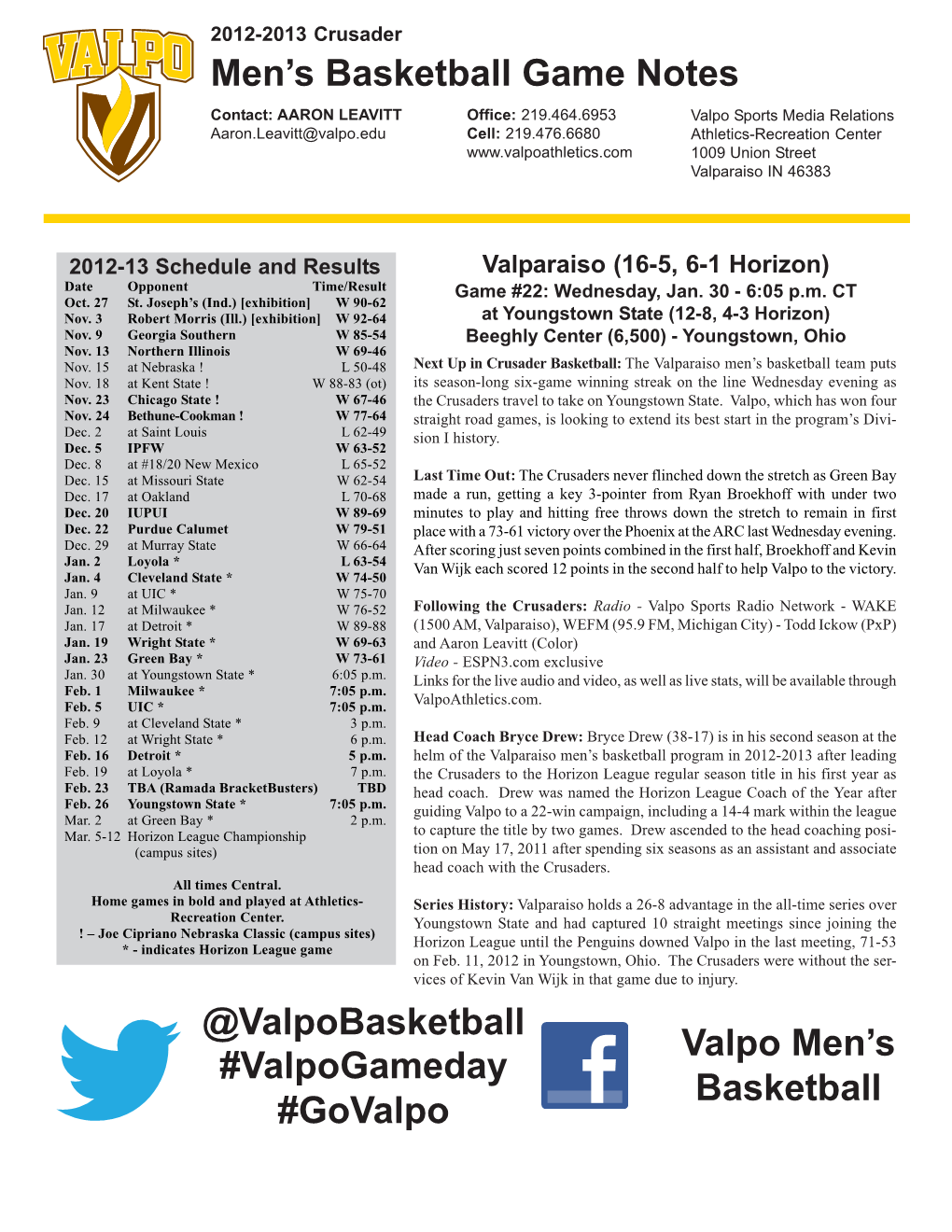 Men's Basketball Game Notes @Valpobasketball Valpo Men's