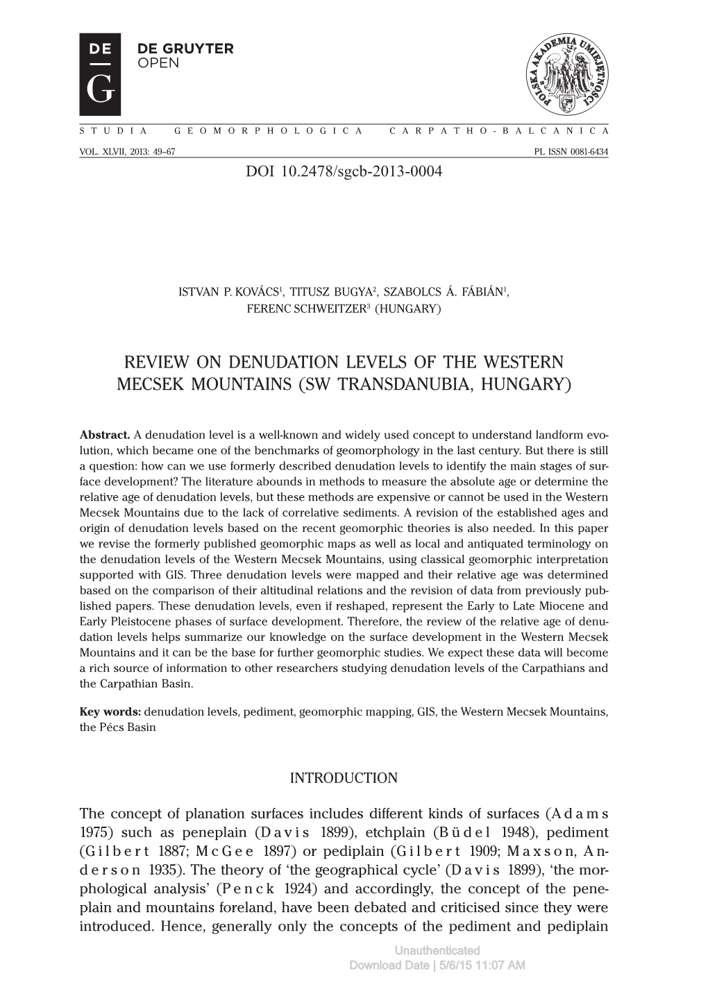 Review on Denudation Levels of the Western Mecsek Mountains (Sw Transdanubia, Hungary)