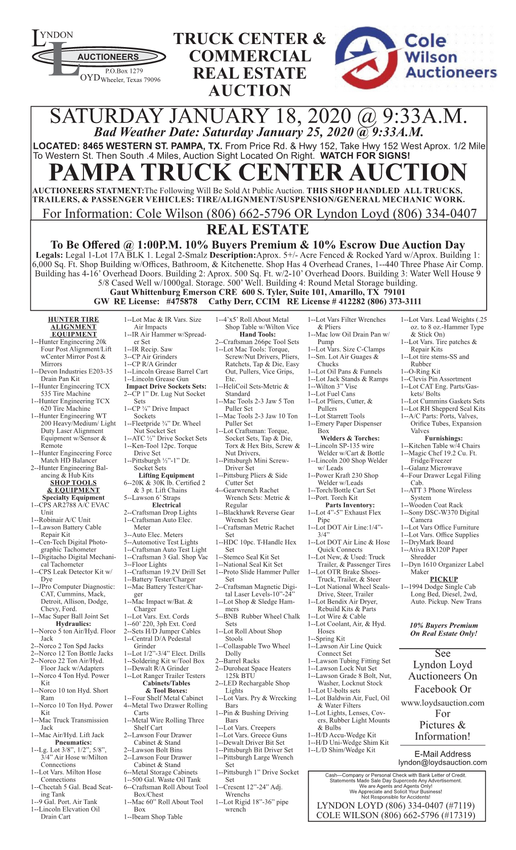 PAMPA TRUCK CENTER AUCTION AUCTIONEERS STATMENT:The Following Will Be Sold at Public Auction