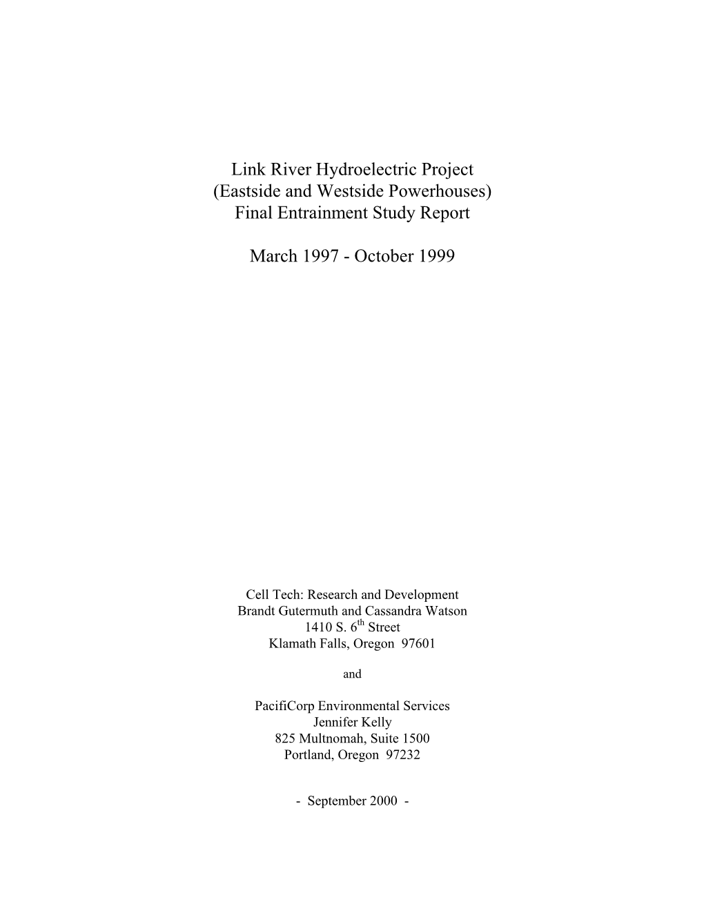 Link River Hydroelectric Project Final Entrainment Study