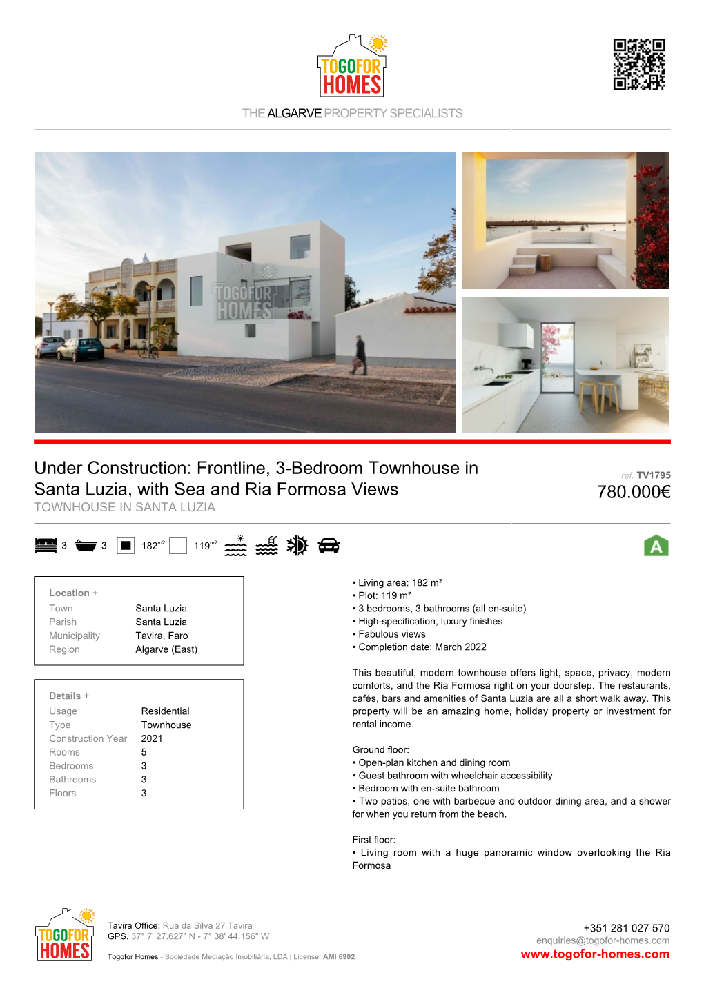 Frontline, 3-Bedroom Townhouse in Santa Luzia, with Sea and Ria Formosa Views 780.000