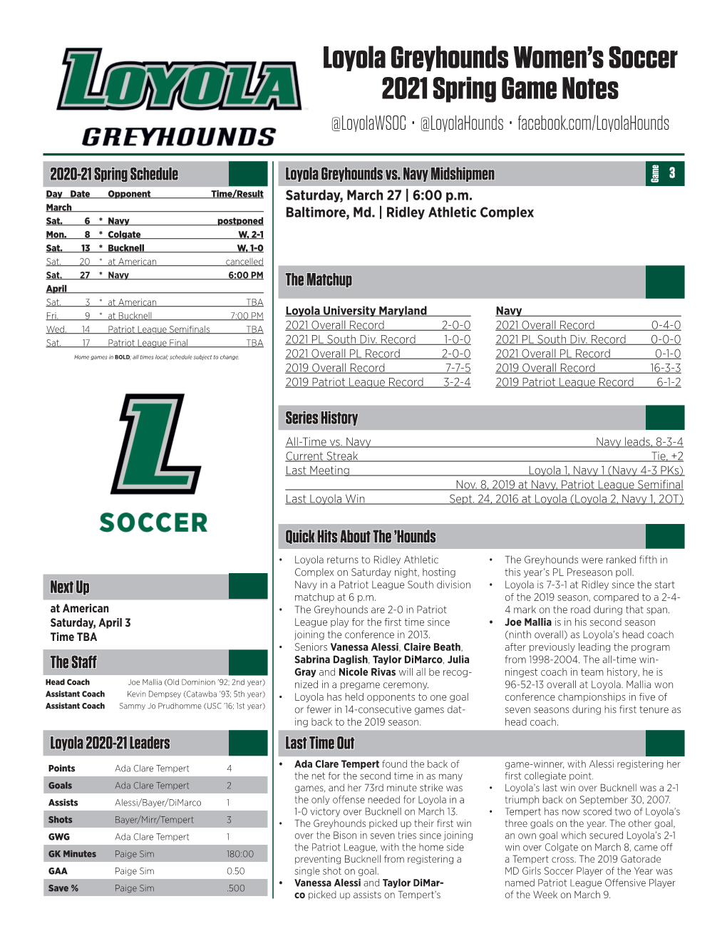 Loyola Greyhounds Women's Soccer 2021 Spring Game Notes