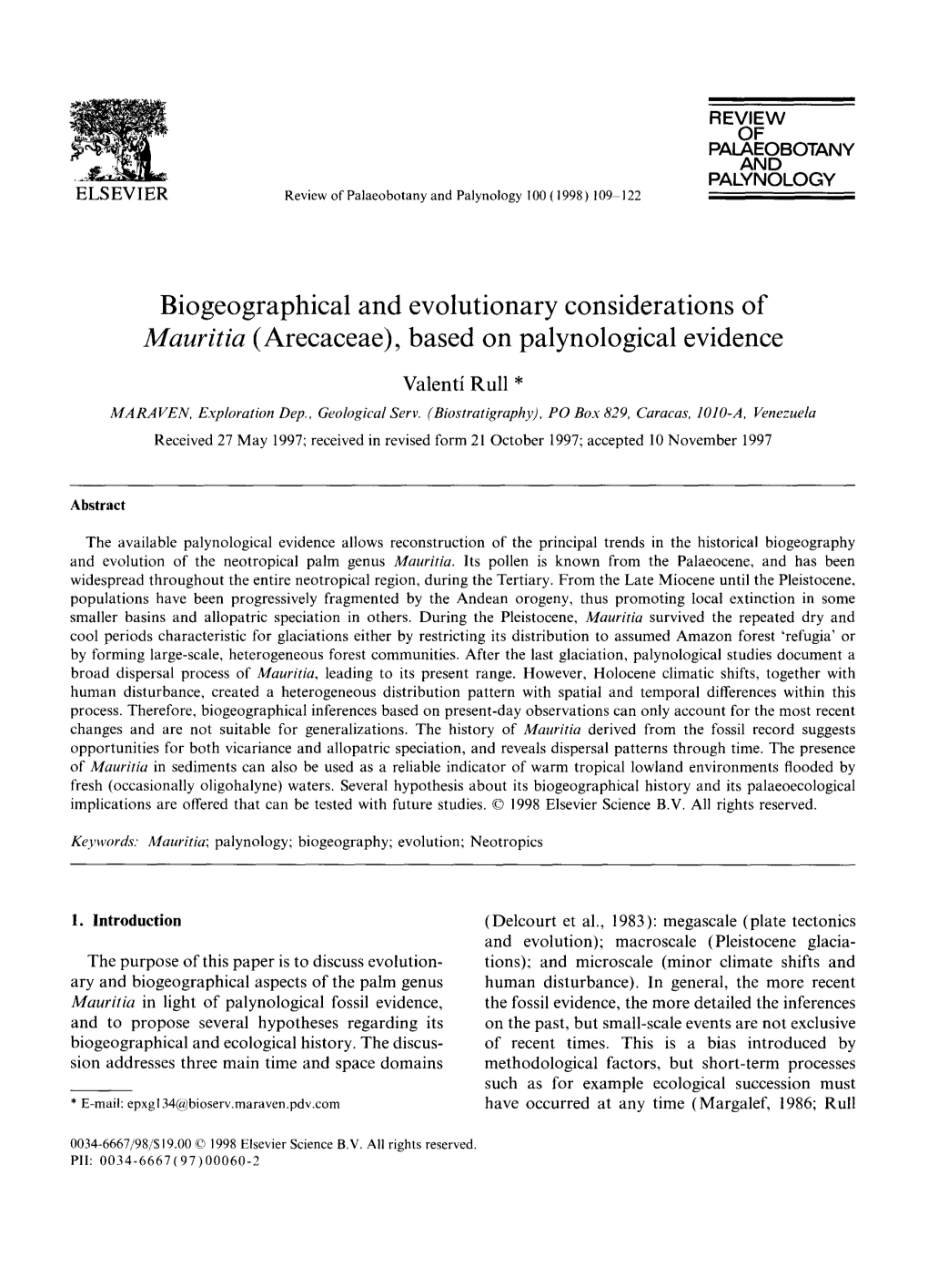 Biogeographical and Evolutionary Considerations of Mauritia (Arecaceae), Based on Palynological Evidence