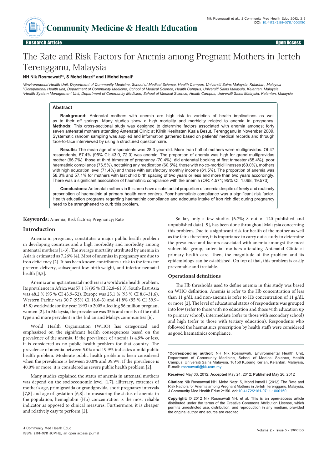 The Rate and Risk Factors for Anemia Among Pregnant Mothers in Jerteh