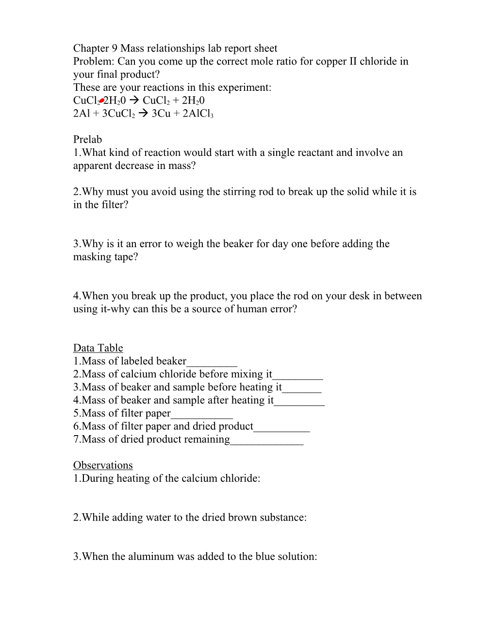 Chapter 9 Mass Relationships Lab Report Sheet