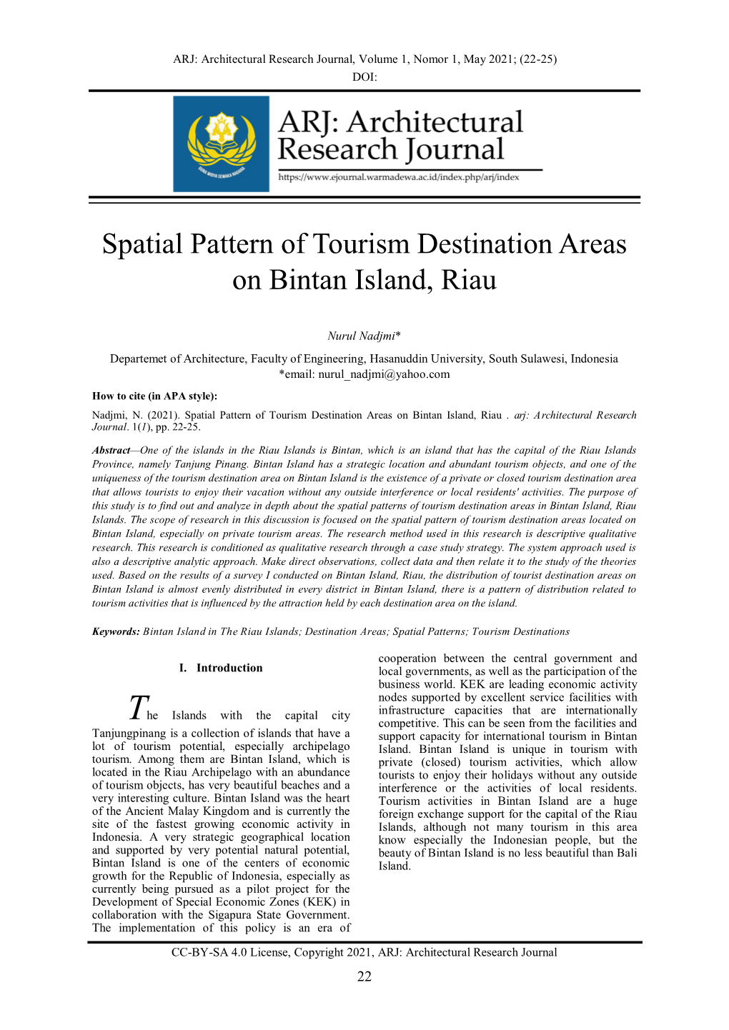 Spatial Pattern of Tourism Destination Areas on Bintan Island, Riau