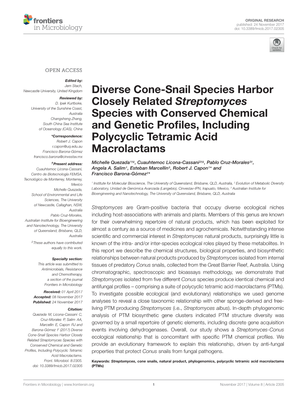 Diverse Cone-Snail Species Harbor Closely Related Streptomyces