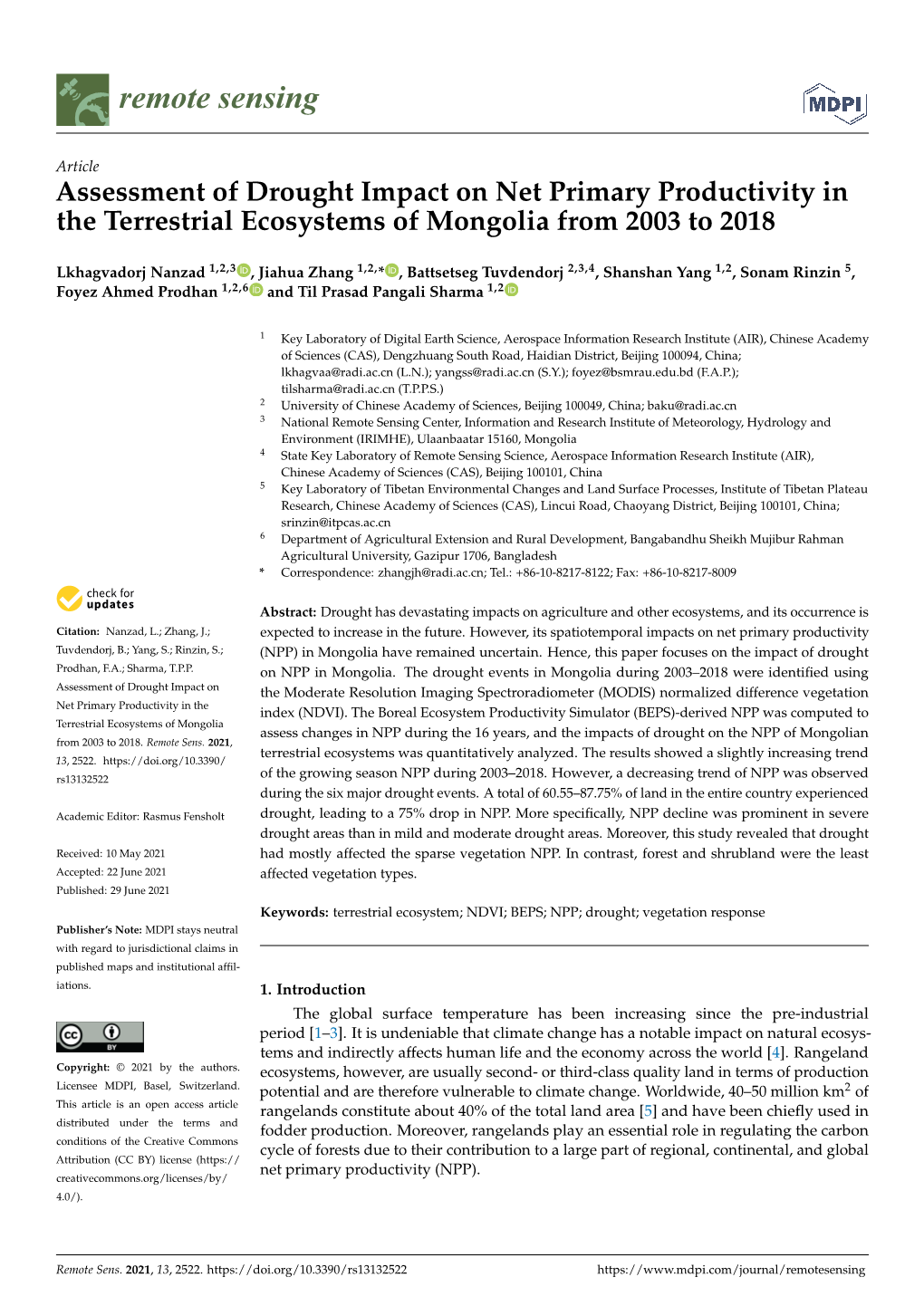 Assessment of Drought Impact on Net Primary Productivity in the Terrestrial Ecosystems of Mongolia from 2003 to 2018