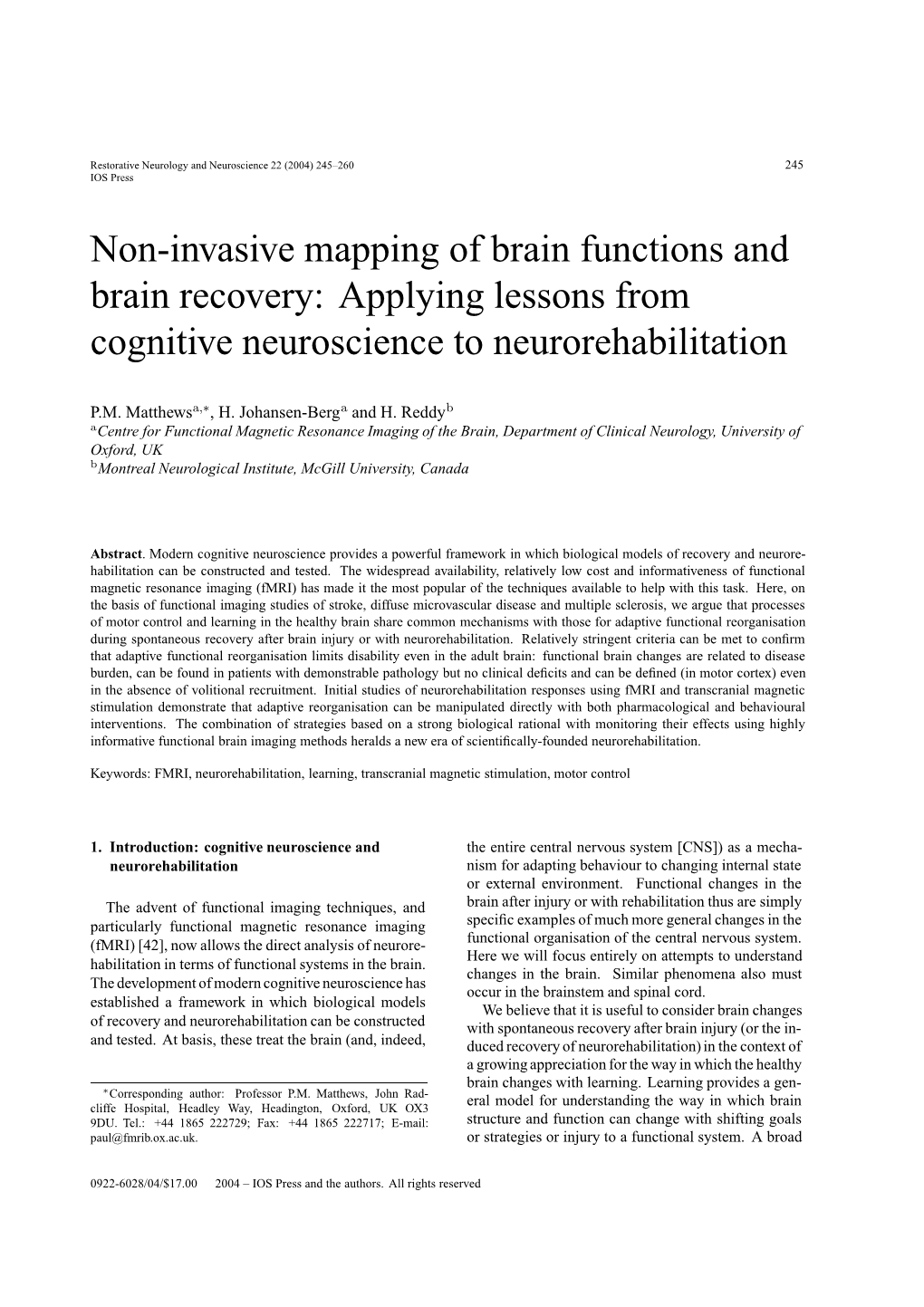 Non-Invasive Mapping of Brain Functions and Brain Recovery: Applying Lessons from Cognitive Neuroscience to Neurorehabilitation