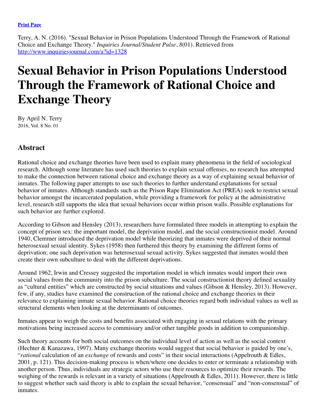 Sexual Behavior in Prison Populations Understood Through the Framework of Rational Choice and Exchange Theory." Inquiries Journal/Student Pulse, 8(01)