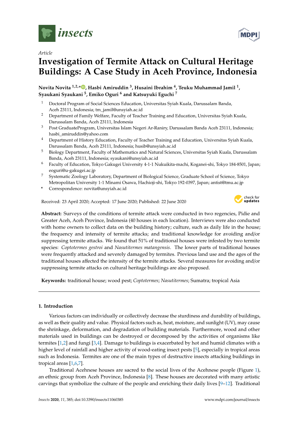 Investigation of Termite Attack on Cultural Heritage Buildings: a Case Study in Aceh Province, Indonesia