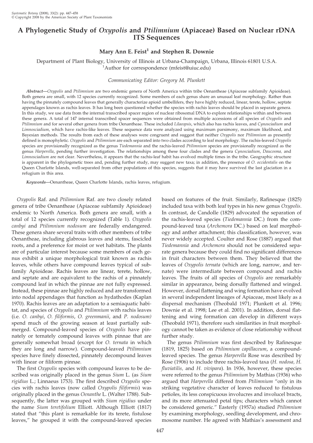 A Phylogenetic Study of Oxypolis and Ptilimnium (Apiaceae) Based on Nuclear Rdna ITS Sequences