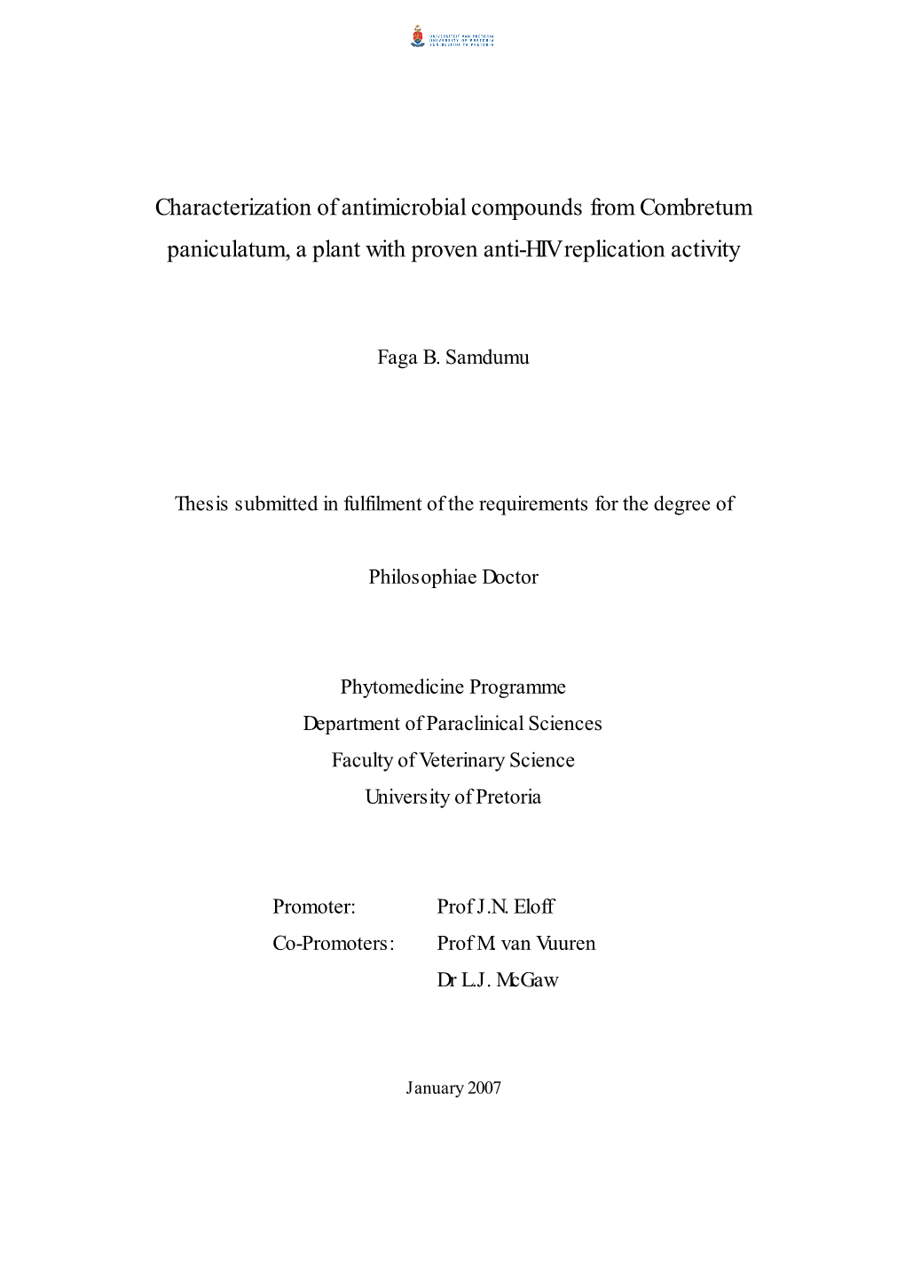 Characterization of Antimicrobial Compounds from Combretum Paniculatum, a Plant with Proven Anti-HIV Replication Activity