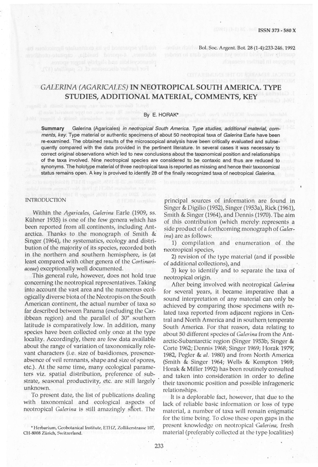 (Agaricales) in Neotropical South America. Type Studies, Additional Material, Comments, Key