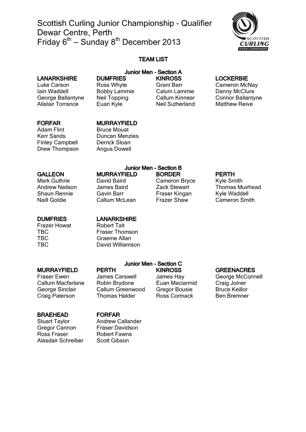 Scottish Curling Junior Championship – Qualifier Dewar Centre, Perth Friday 6Th – Sunday 8Th December 2013