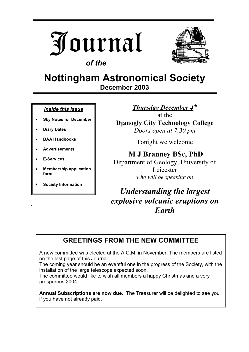 Of the Nottingham Astronomical Society December 2003