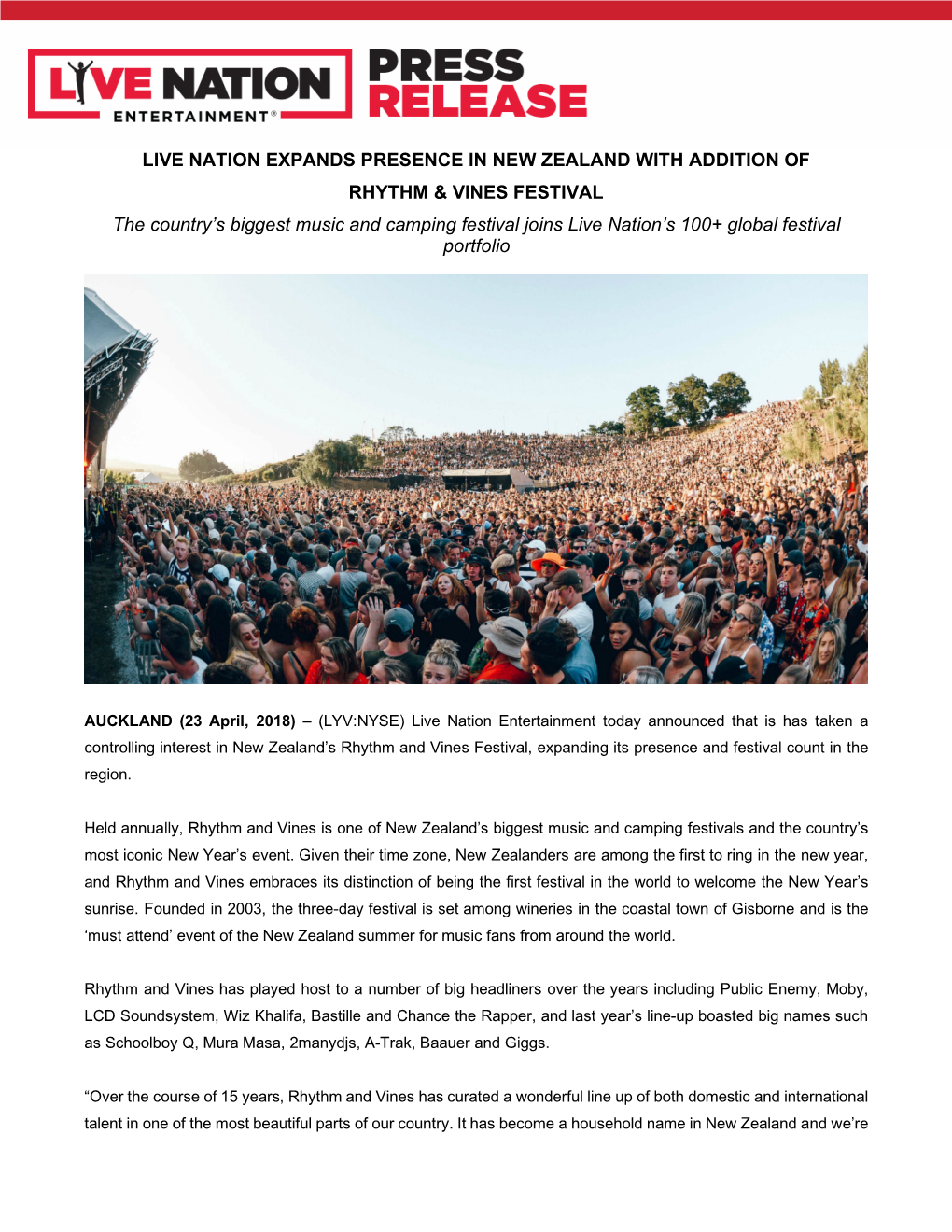 LIVE NATION EXPANDS PRESENCE in NEW ZEALAND with ADDITION of RHYTHM & VINES FESTIVAL the Country's Biggest Music and Camp