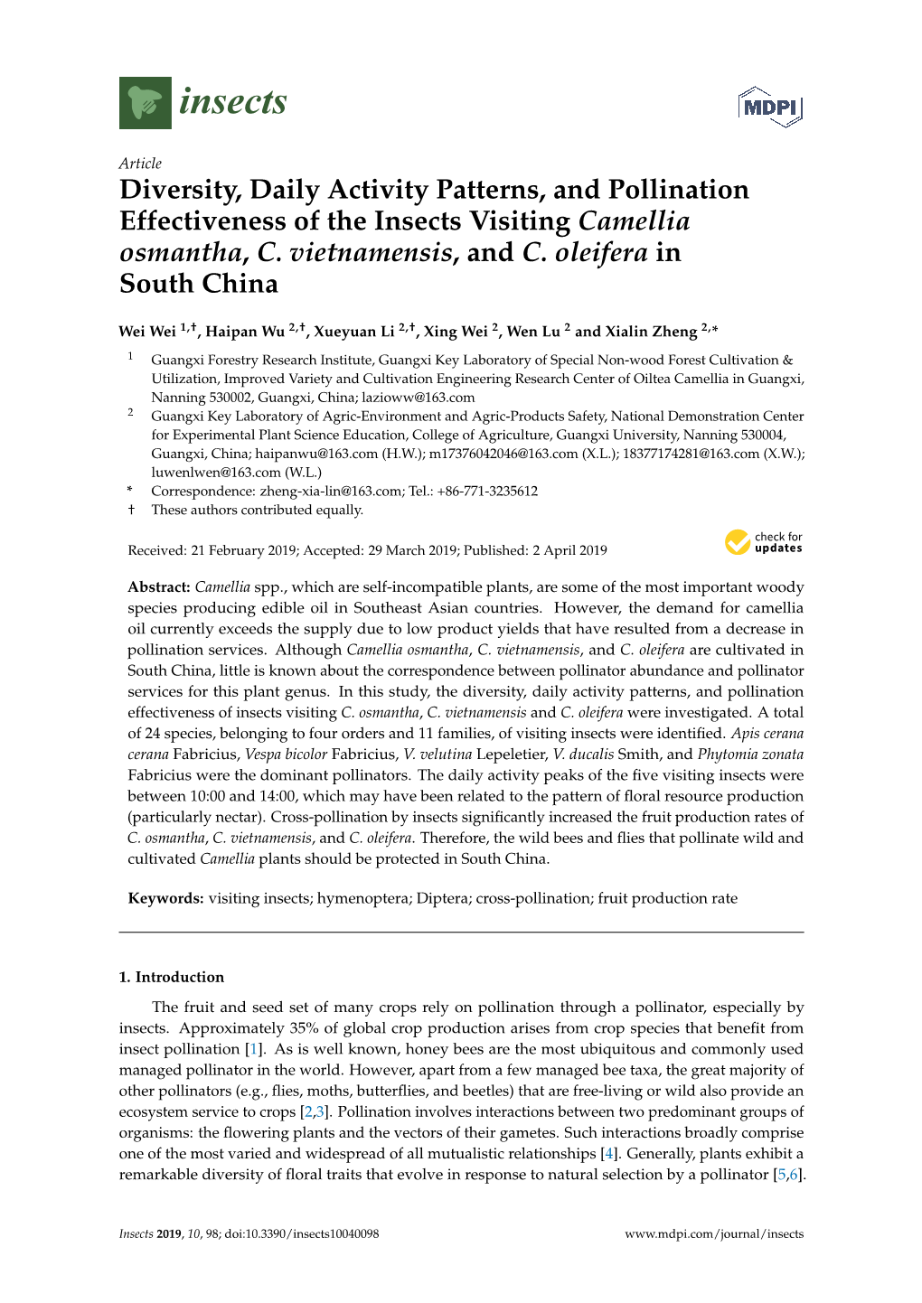 Diversity, Daily Activity Patterns, and Pollination Effectiveness of the Insects Visiting Camellia Osmantha, C