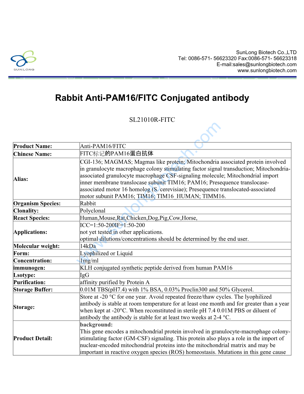 Rabbit Anti-PAM16/FITC Conjugated Antibody-SL21010R-FITC