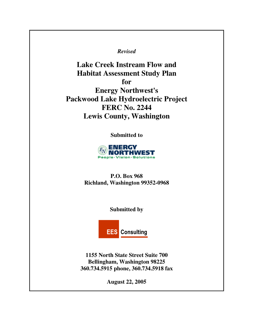 Lake Creek Instream Flow and Habitat Assessment Study Plan for Energy Northwest's Packwood Lake Hydroelectric Project FERC No
