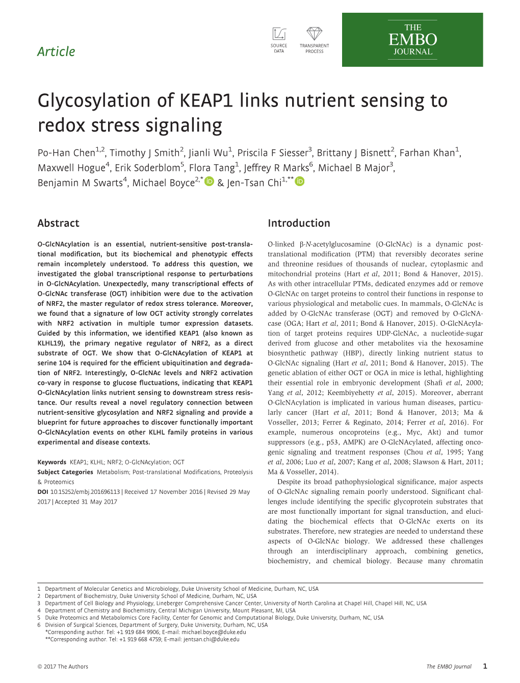 Glycosylation of KEAP1 Links Nutrient Sensing to Redox Stress Signaling
