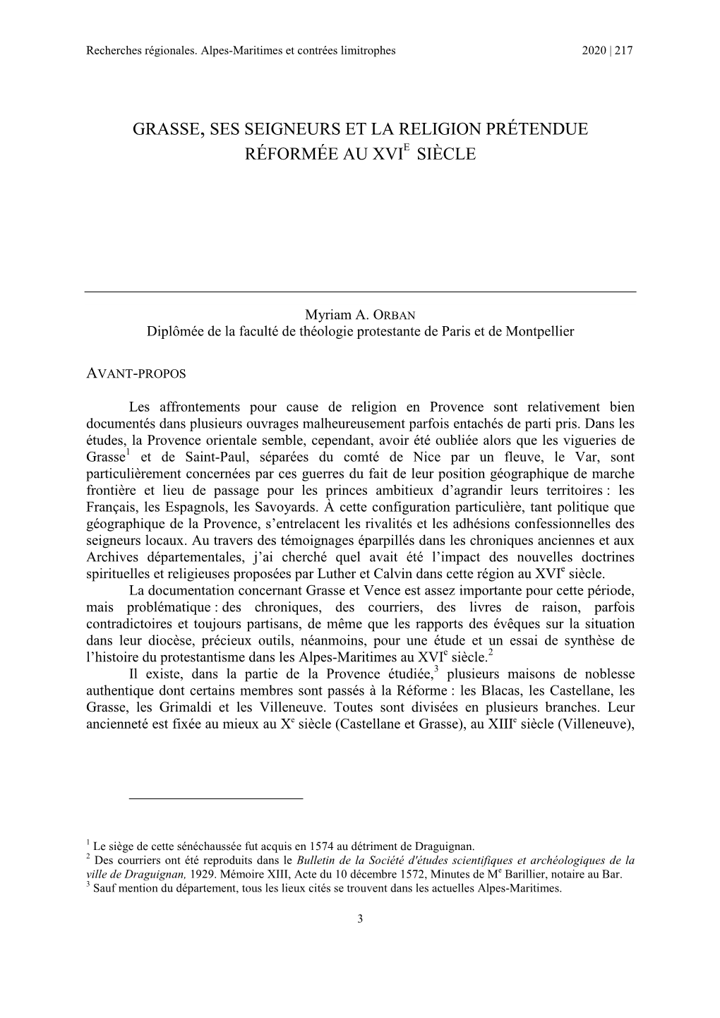 Grasse, Ses Seigneurs Et La Religion Prétendue Réformée Au Xvie Siècle