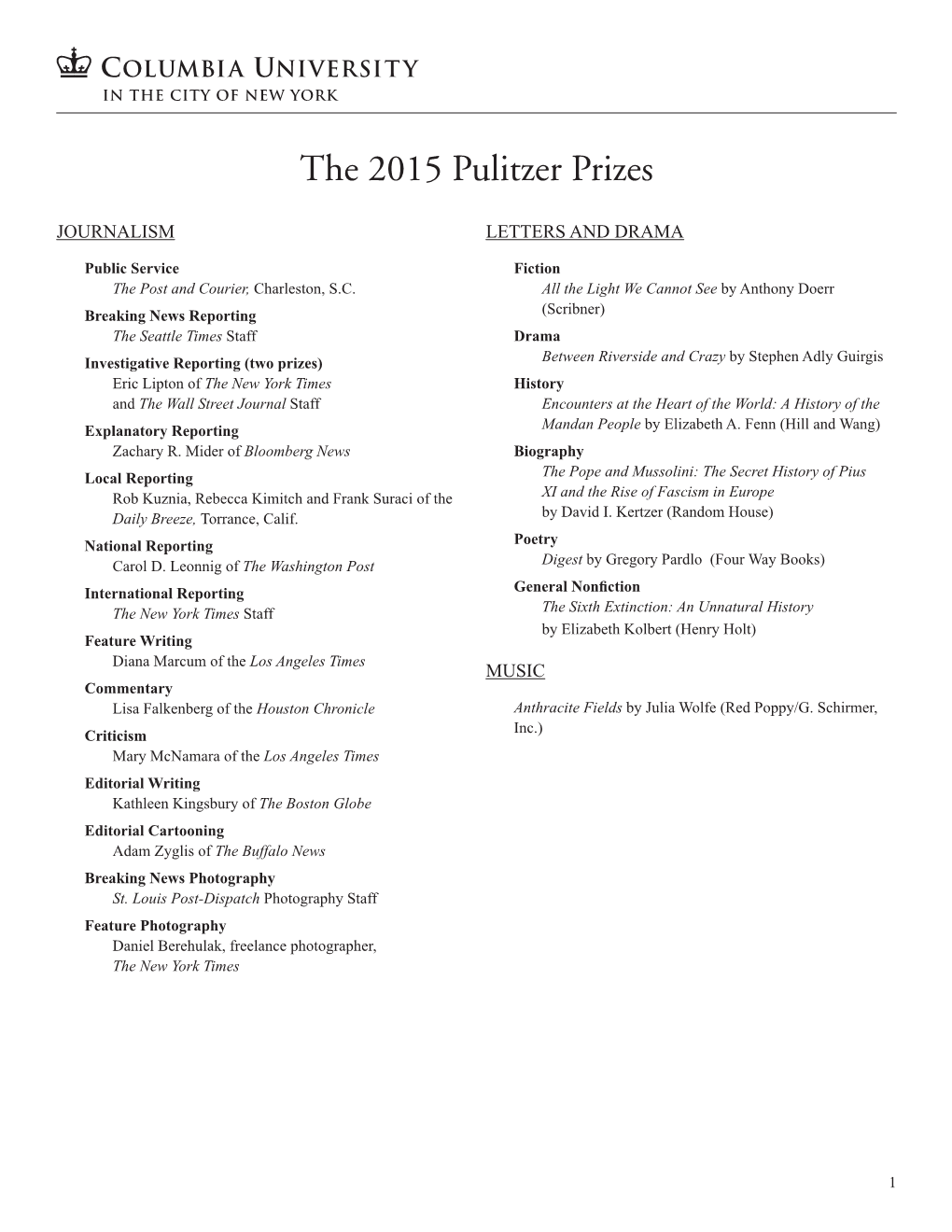 The 2015 Pulitzer Prizes