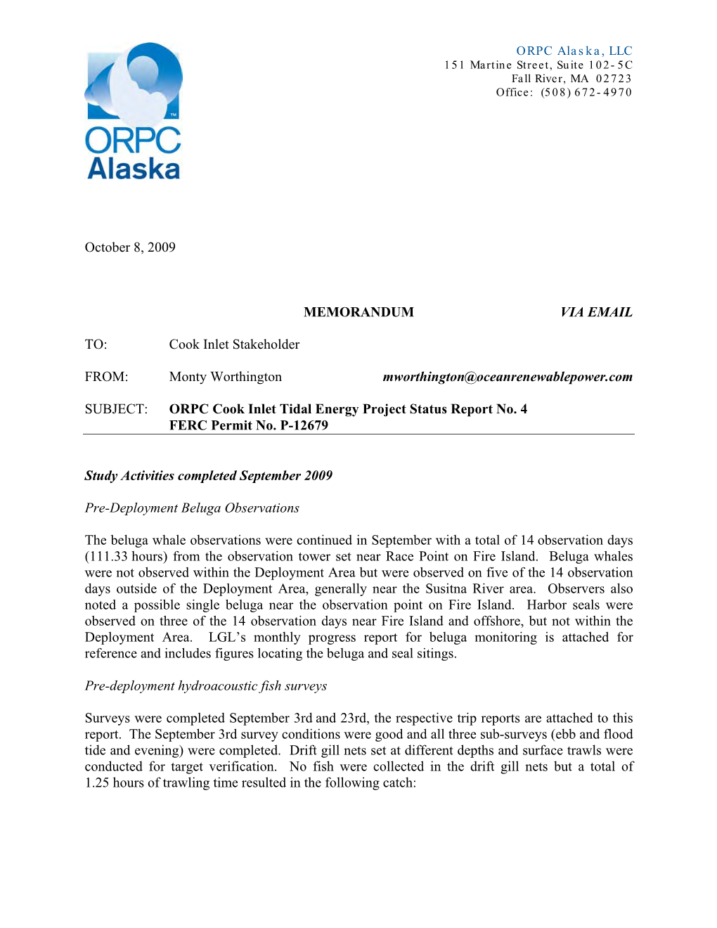 ORPC Cook Inlet Tidal Energy Project Status Report No. 4, October