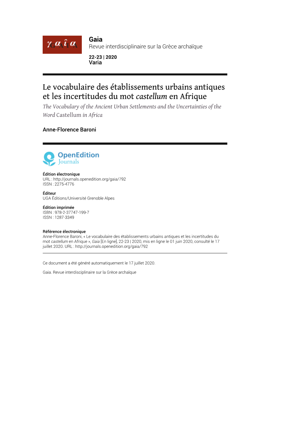 Castellum En Afrique the Vocabulary of the Ancient Urban Settlements and the Uncertainties of the Word Castellum in Africa