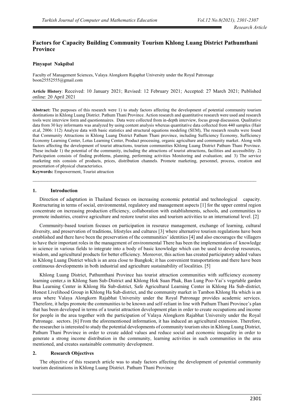 Factors for Capacity Building Community Tourism Khlong Luang District Pathumthani Province