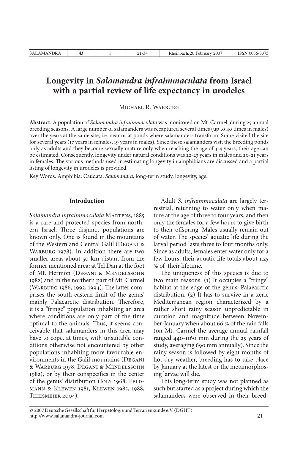 Longevity in Salamandra Infraimmaculata from Israel with a Partial Review of Life Expectancy in Urodeles