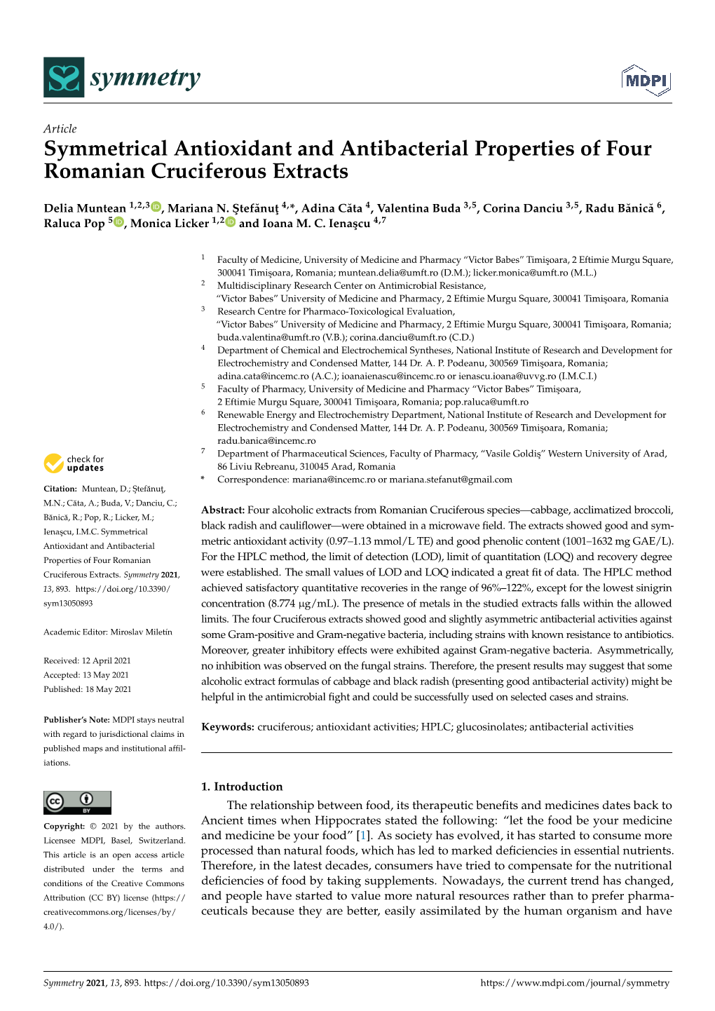 Symmetrical Antioxidant and Antibacterial Properties of Four Romanian Cruciferous Extracts