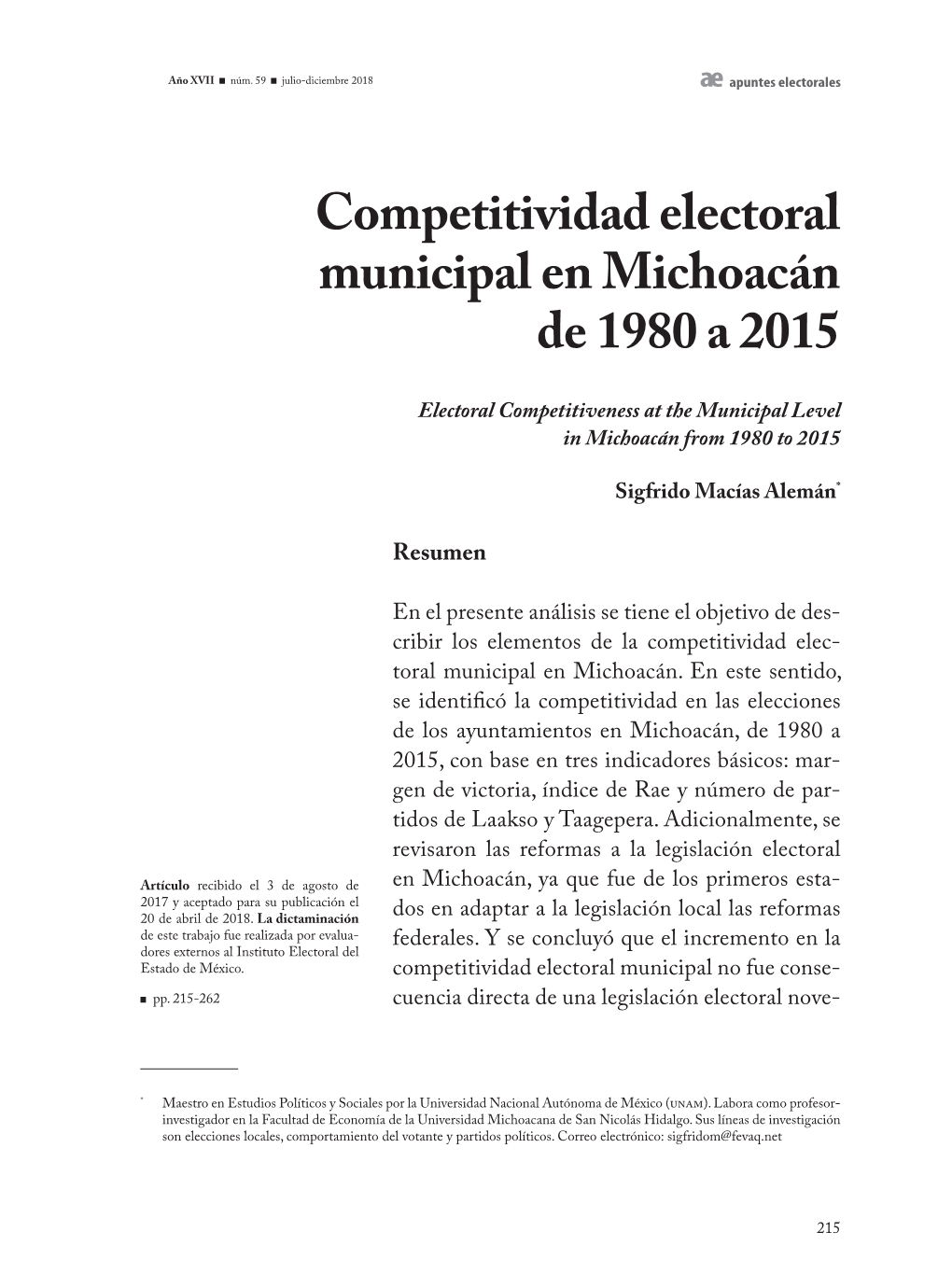 Competitividad Electoral Municipal En Michoacán De 1980 a 2015