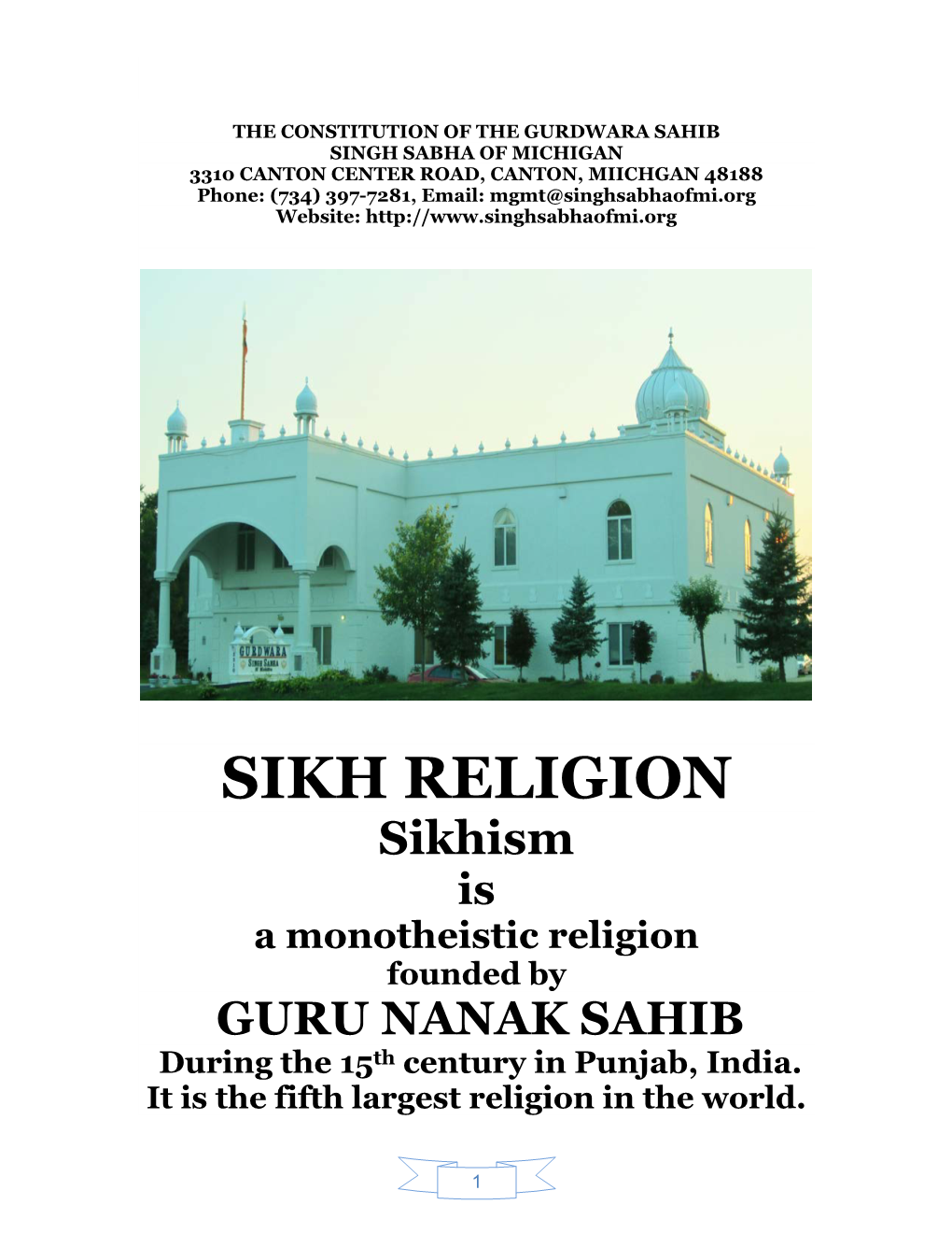 CONSTITUTION of SINGH SABHA of MICHIGAN (Revised and Amended from April 6Th, 2014)