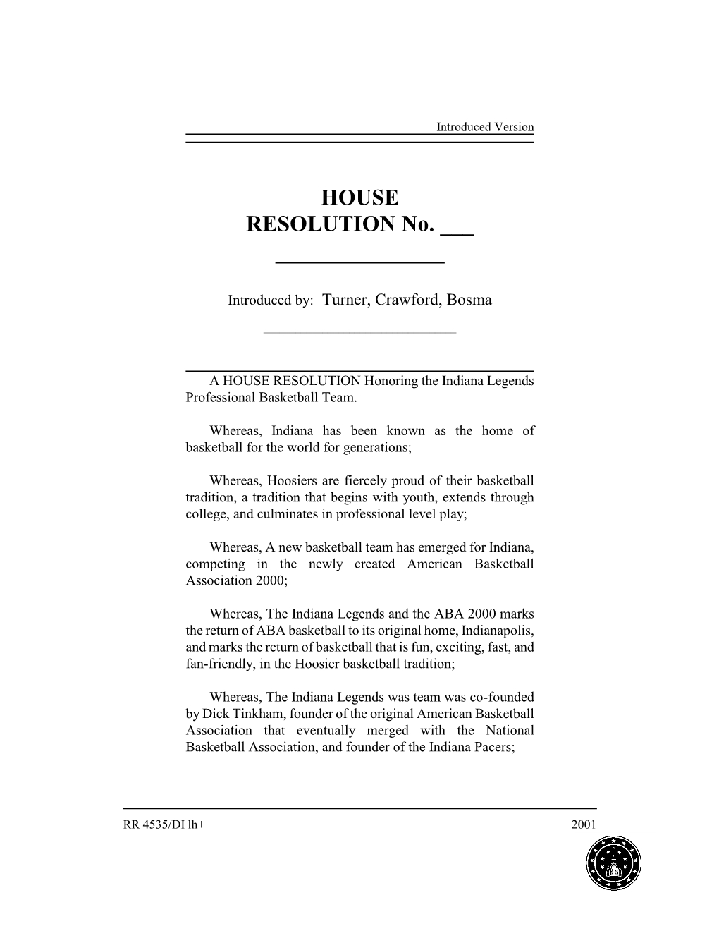 HOUSE RESOLUTION No. ___