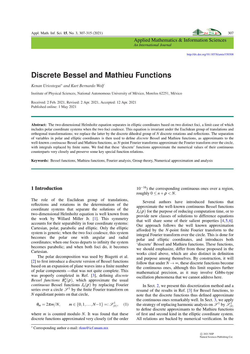 Discrete Bessel and Mathieu Functions -.:: Natural Sciences