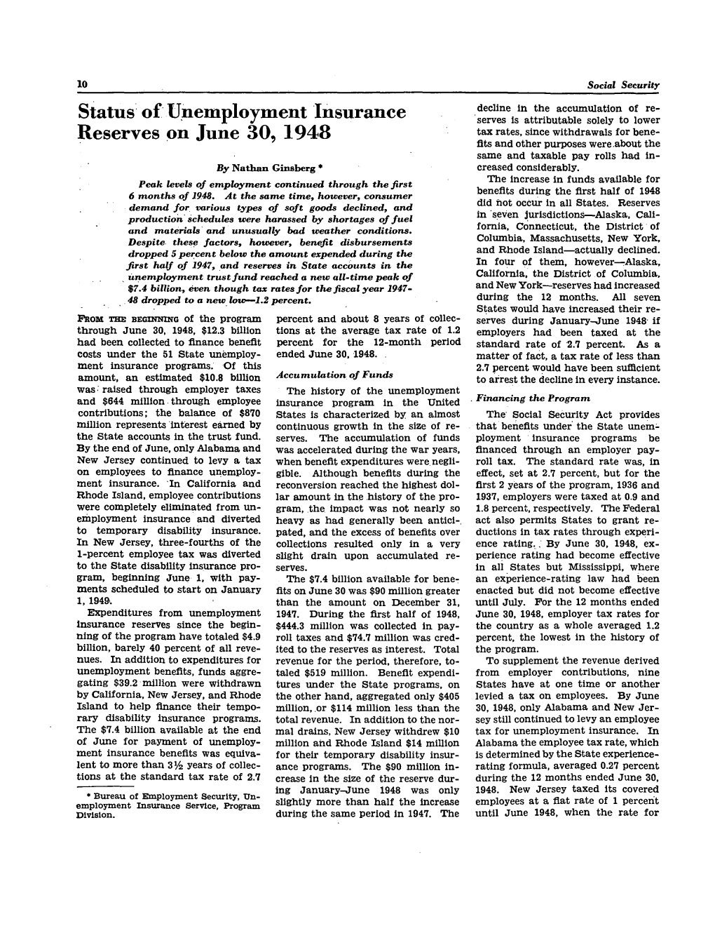 Status of Unemployment Insurance Reserves on June 30, 1948