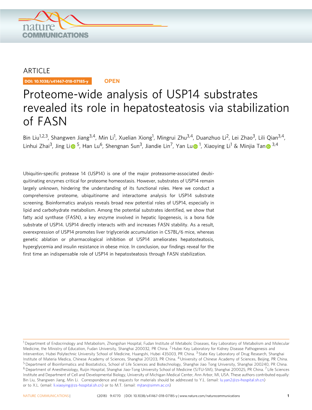Proteome-Wide Analysis of USP14 Substrates Revealed Its Role in Hepatosteatosis Via Stabilization of FASN