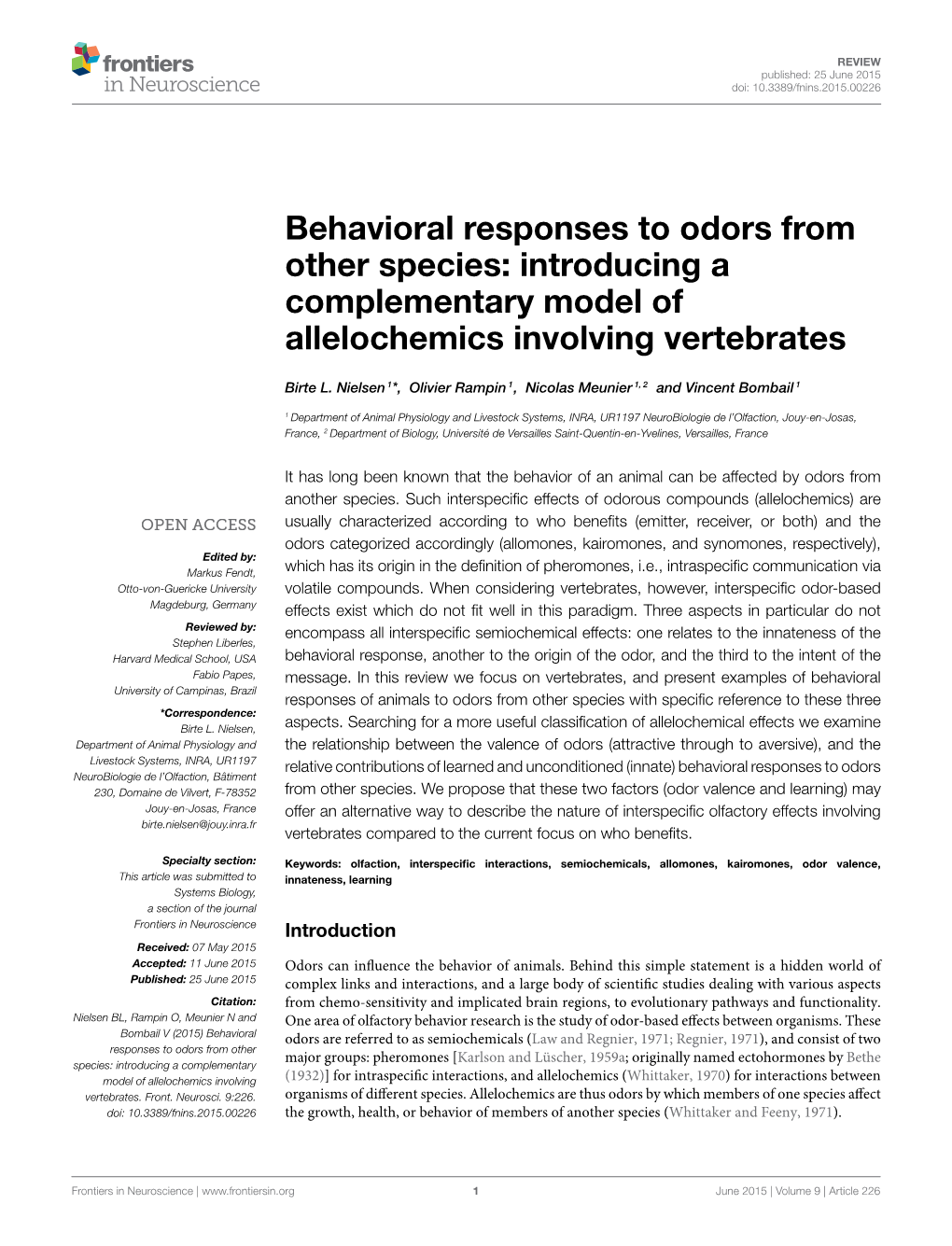 Behavioral Responses to Odors from Other Species: Introducing a Complementary Model of Allelochemics Involving Vertebrates