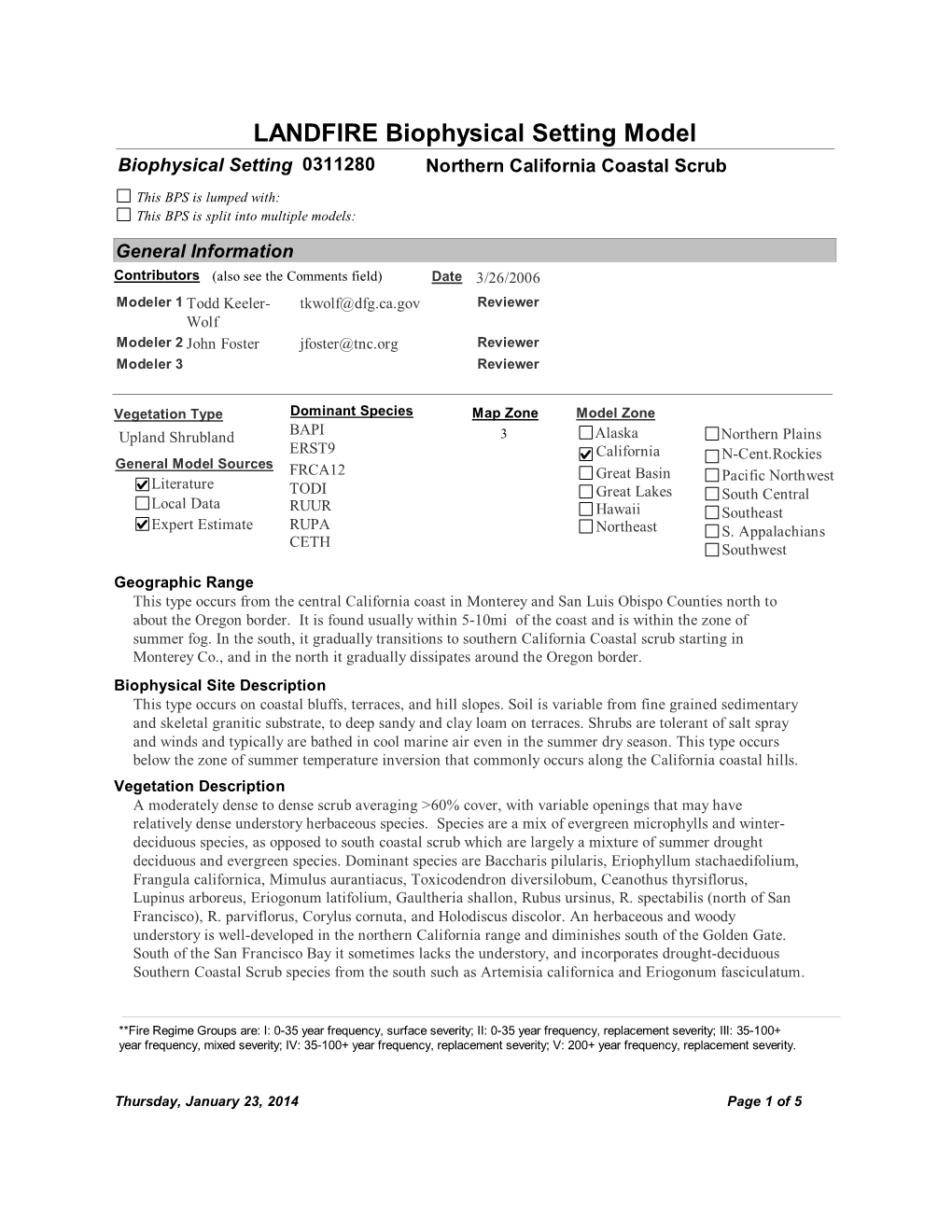LANDFIRE Biophysical Setting Model Biophysical Setting 0311280 Northern California Coastal Scrub