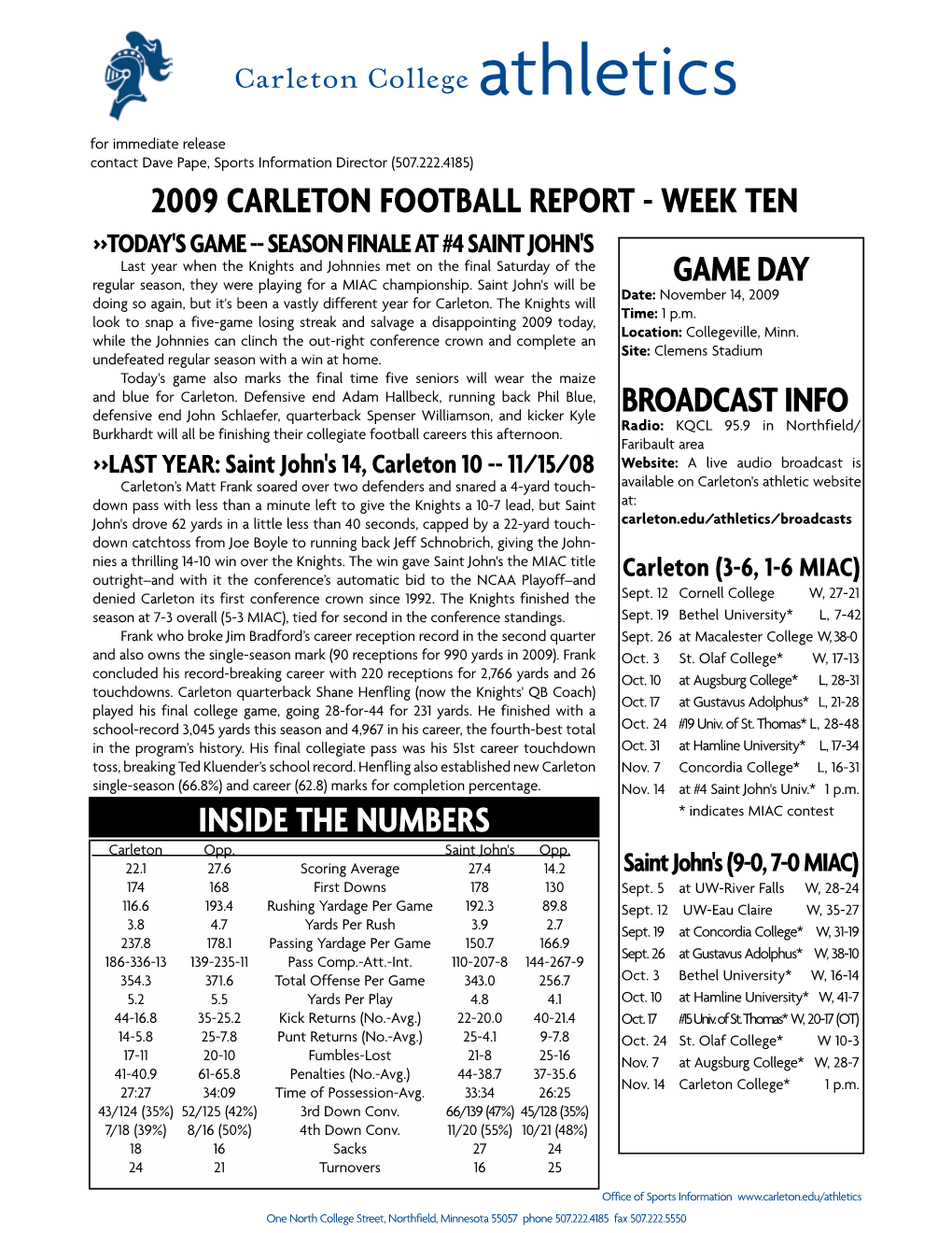 Game Day Broadcast Info 2009 Carleton