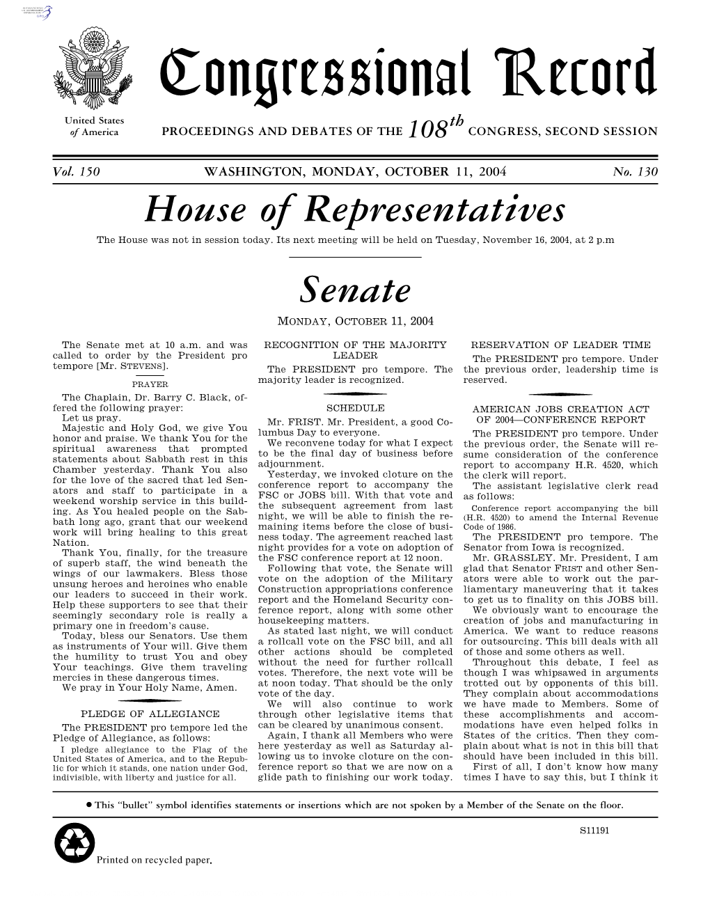 Congressional Record United States Th of America PROCEEDINGS and DEBATES of the 108 CONGRESS, SECOND SESSION