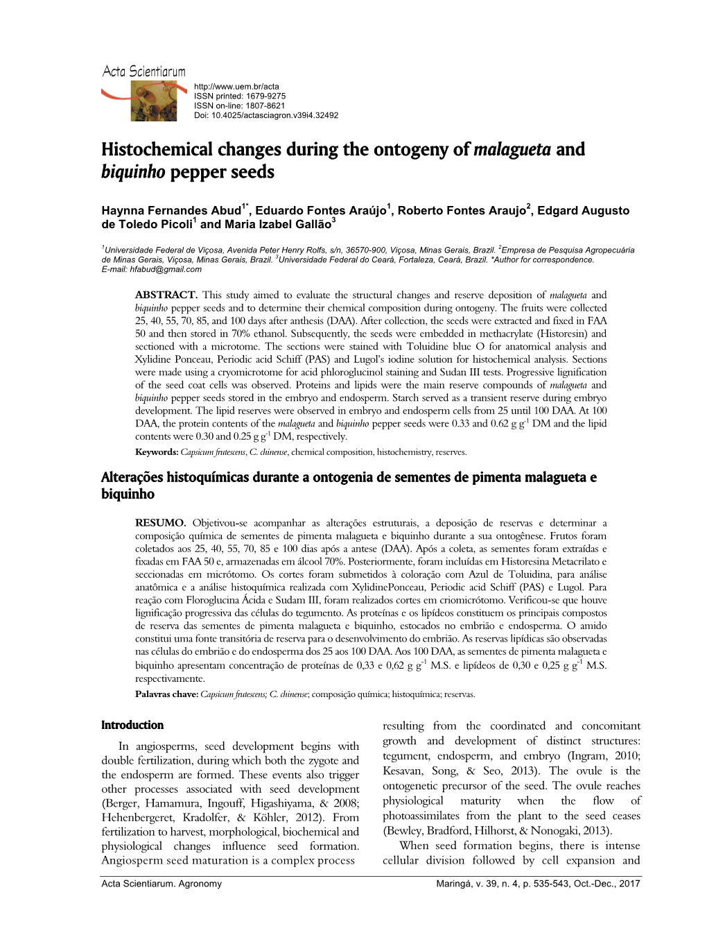 Histochemical Changes During the Ontogeny of Malagueta and Biquinho Pepper Seeds