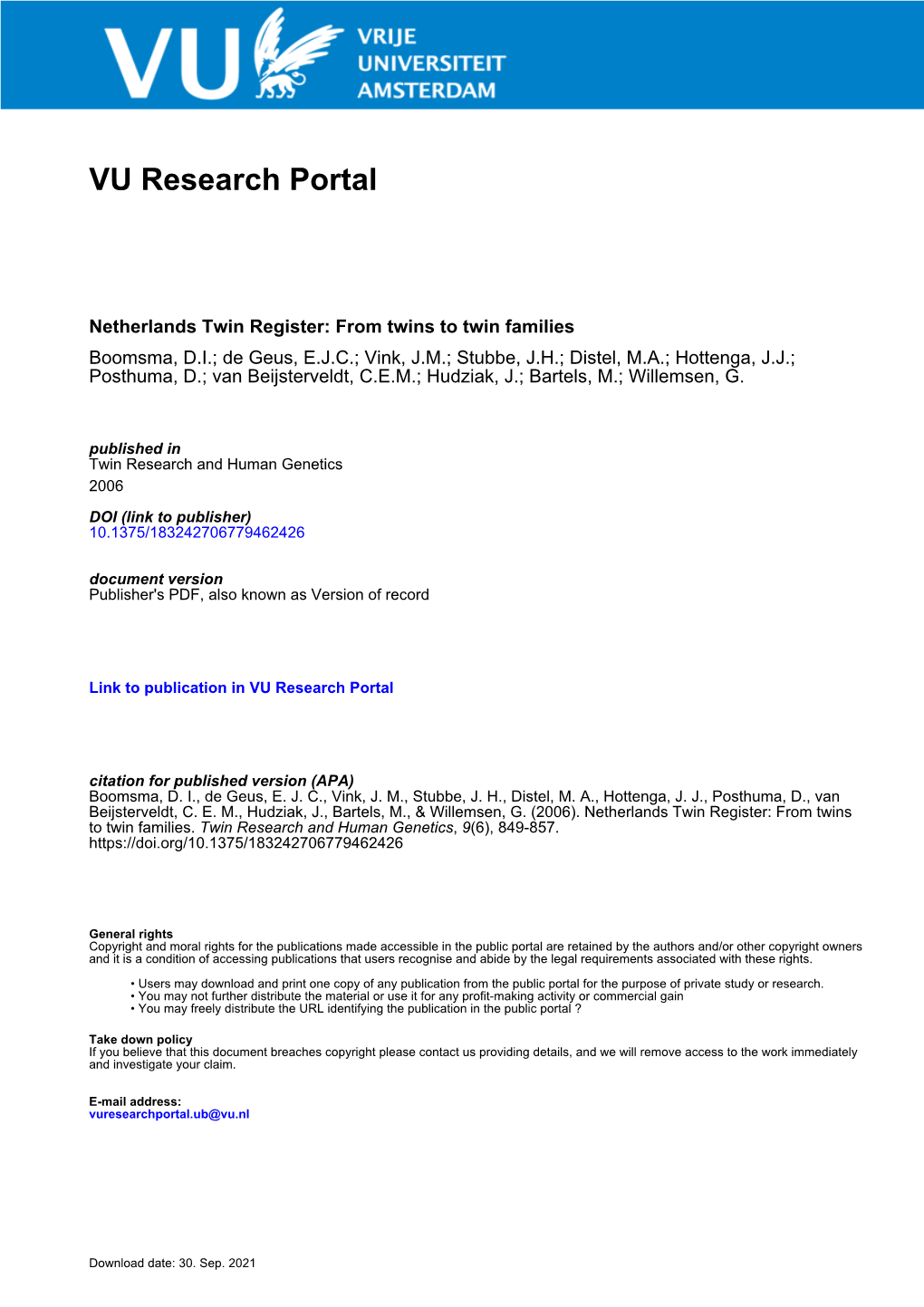 Boomsma Twin Research and Human Genetics 9(6) 2006 U